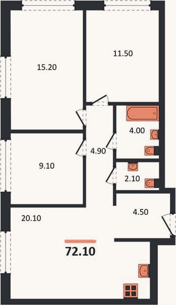Планировка: 3-к, 70,8 м²