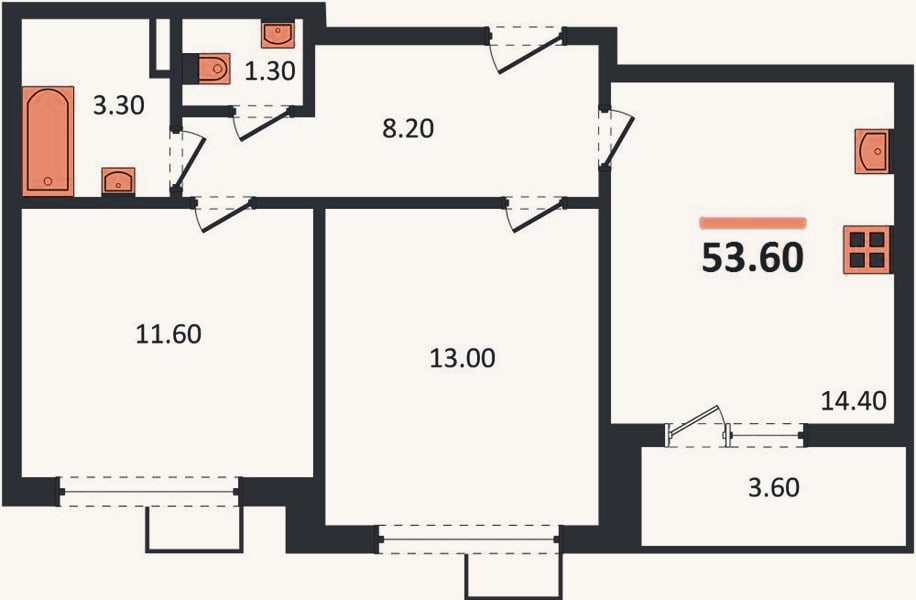 Планировка: 2-к, 53,6 м²