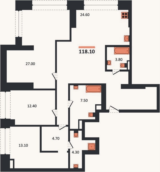 Планировка: 3-к, 118,1 м²