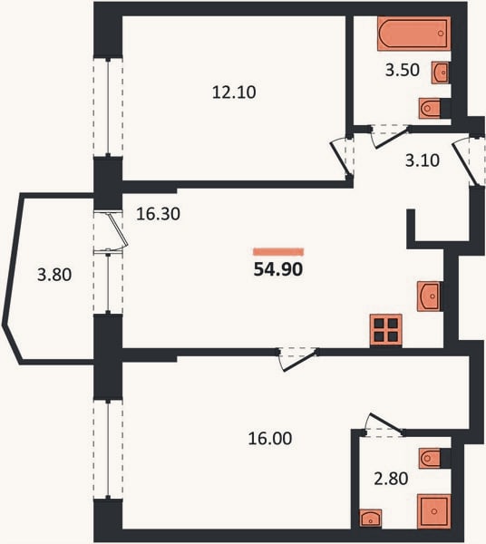 Планировка: 2-к, 54,9 м²
