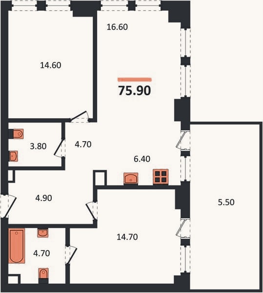 Планировка: 2-к, 75,9 м²