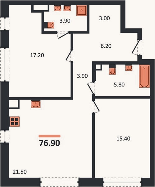 Планировка: 2-к, 76,9 м²