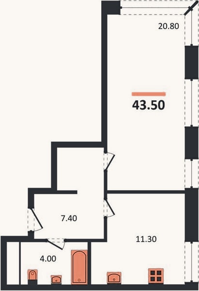 Планировка: 1-к, 43,5 м²