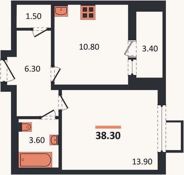 Планировка: 1-к, 38,3 м²