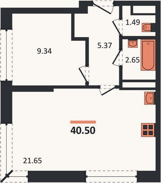 Планировка: 1-к, 40,5 м²
