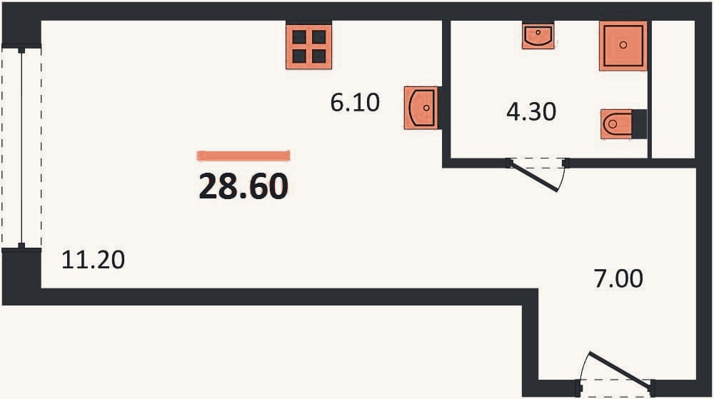 Планировка: Студия, 28,6 м²