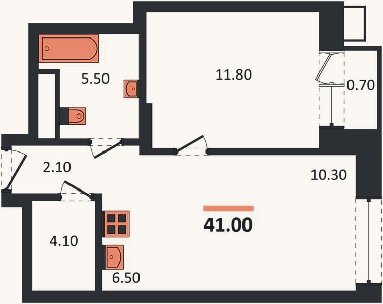 Планировка: 1-к, 41 м²