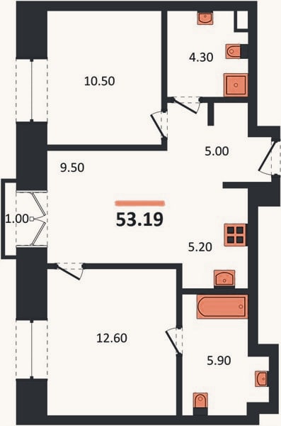 Планировка: 2-к, 53,2 м²