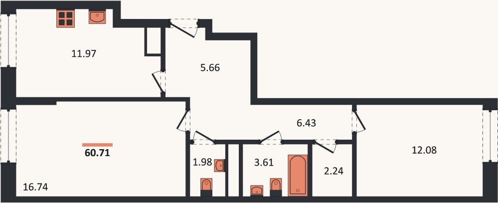 Планировка: 2-к, 60,7 м²