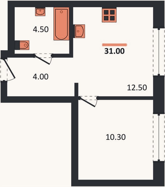 Планировка: 1-к, 31,3 м²