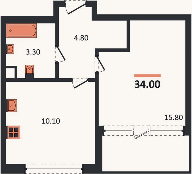 Планировка: 1-к, 34 м²