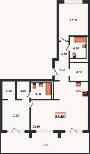 Планировка: 2-к, 83,6 м²