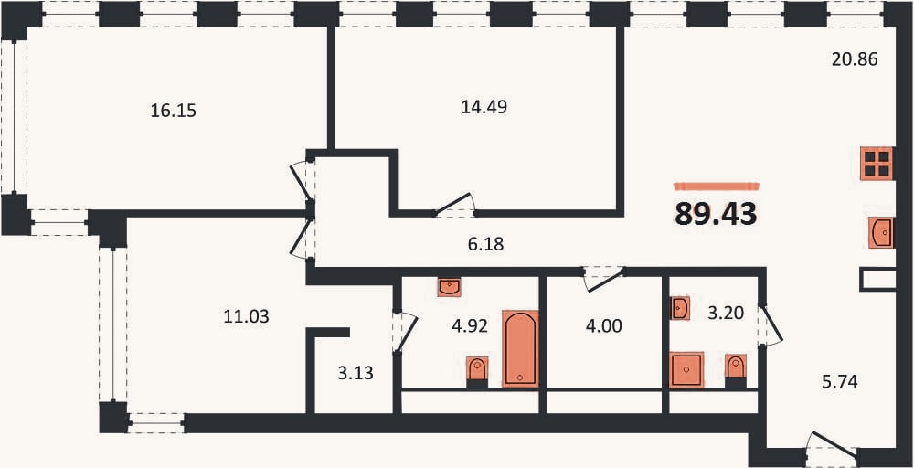 Планировка: 3-к, 89,4 м²