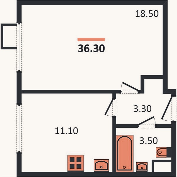 Планировка: 1-к, 36,3 м²