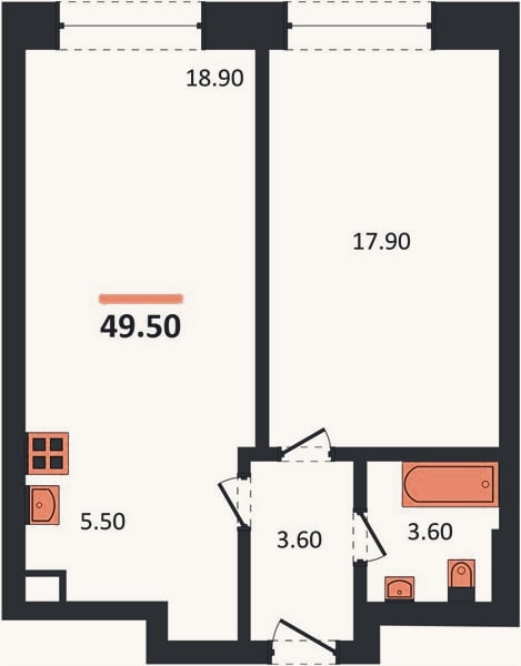 Планировка: 1-к, 49,5 м²