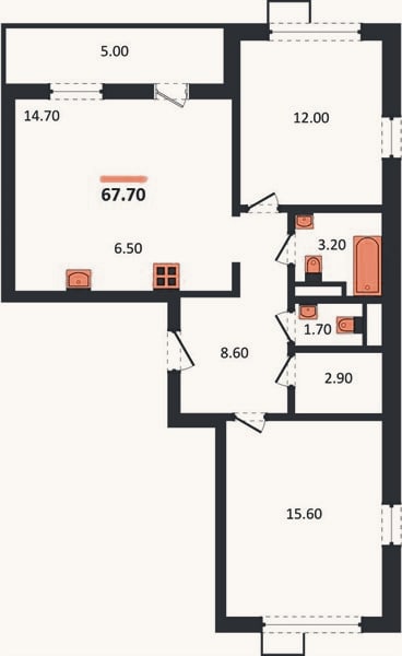 Планировка: 2-к, 67,7 м²