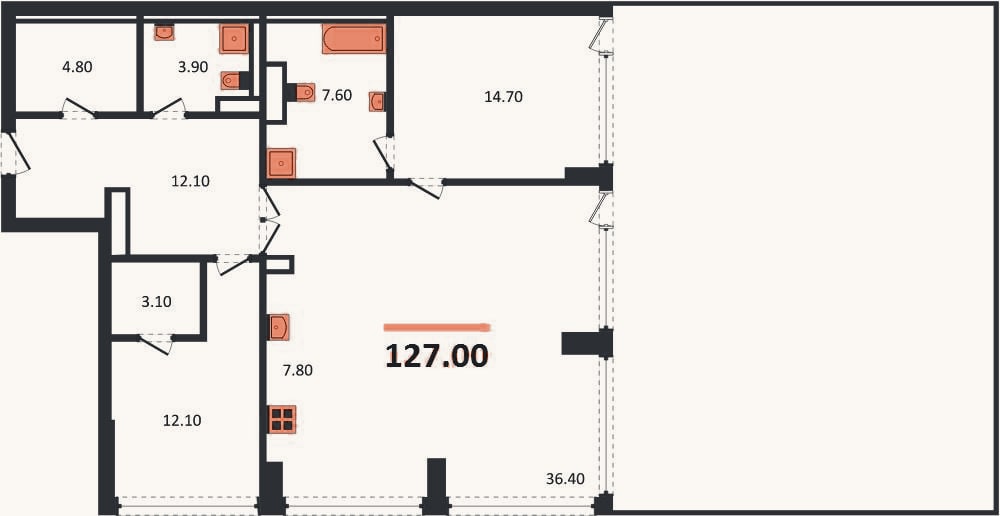 Планировка: 2-к, 127 м²