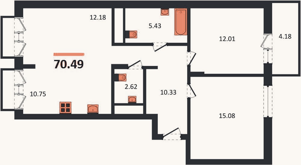 Планировка: 2-к, 70,5 м²
