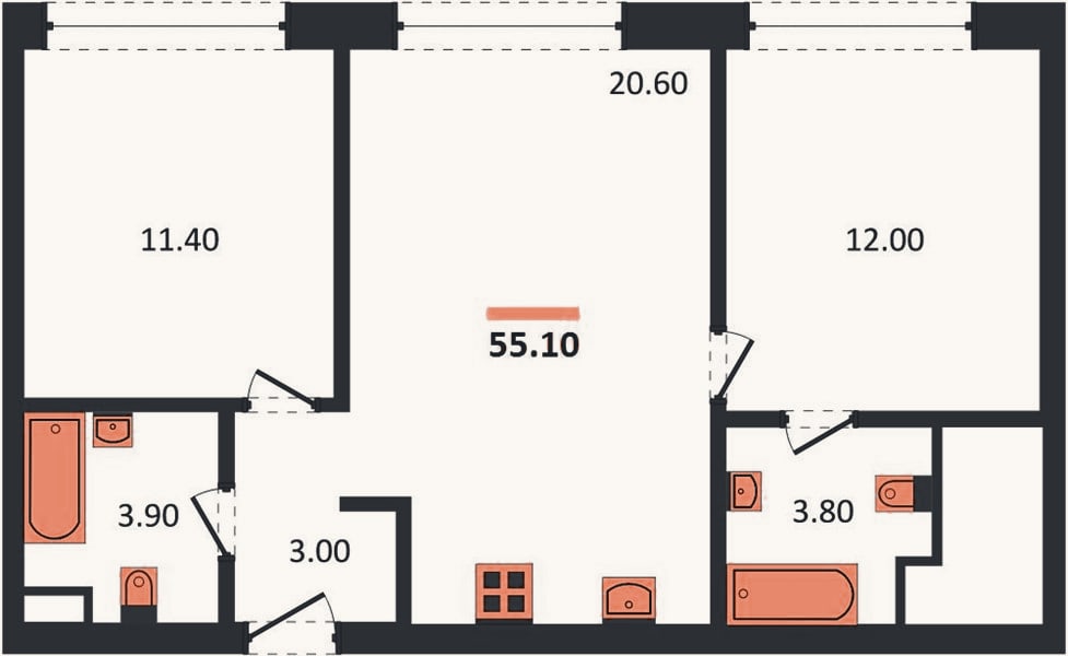 Планировка: 2-к, 55,1 м²