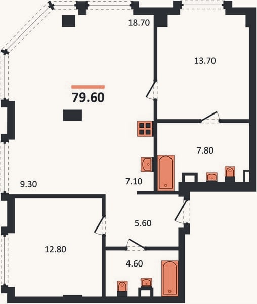 Планировка: 2-к, 79,6 м²
