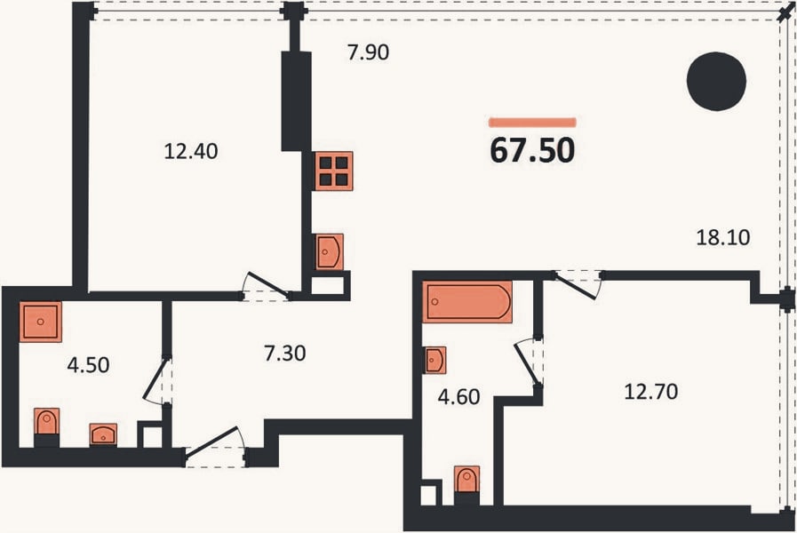 Планировка: 2-к, 67,5 м²
