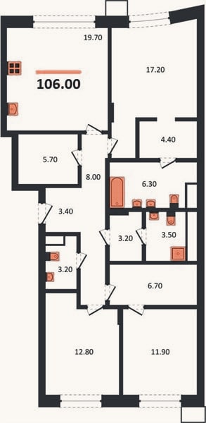 Планировка: 3-к, 106 м²