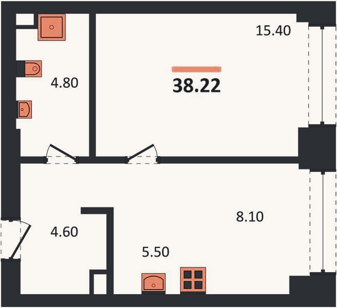 Планировка: 1-к, 38,2 м²