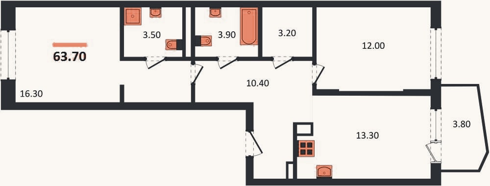 Планировка: 2-к, 63,7 м²