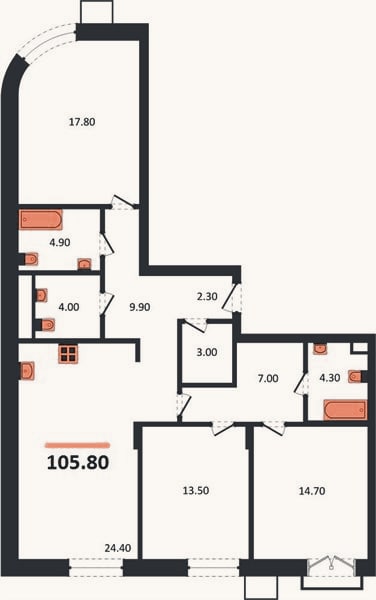 Планировка: 3-к, 105,8 м²