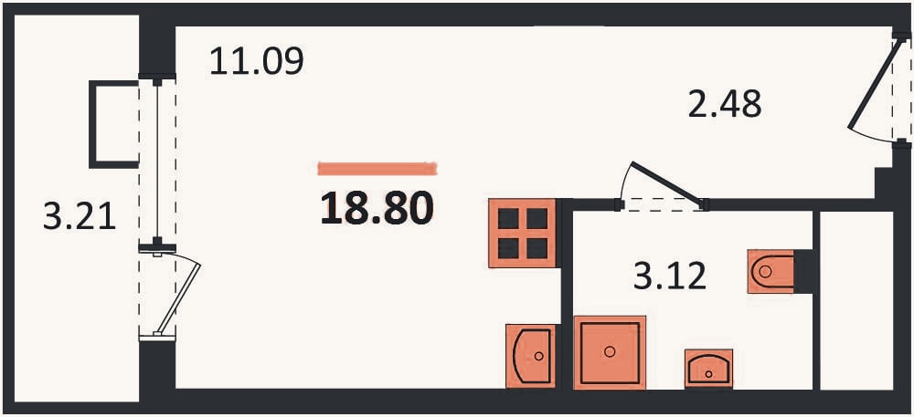 Планировка: Студия, 18,8 м²