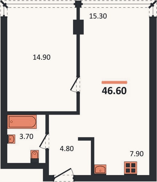 Планировка: 1-к, 46,6 м²