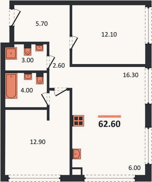 Планировка: 2-к, 62,6 м²