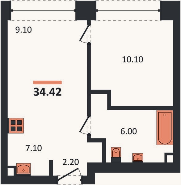 Планировка: 1-к, 34,4 м²
