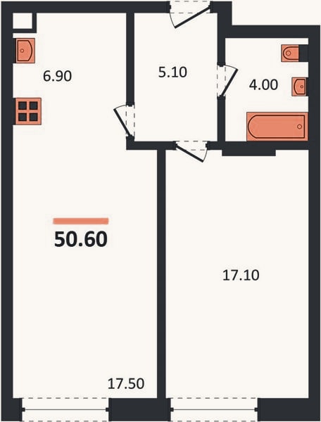 Планировка: 1-к, 50,6 м²