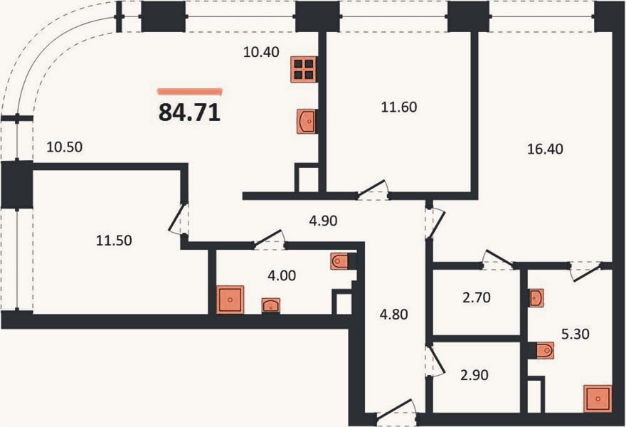Планировка: 3-к, 84,7 м²