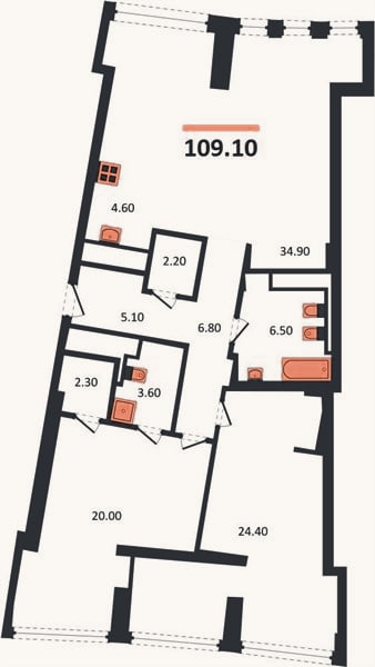Планировка: 2-к, 109,1 м²