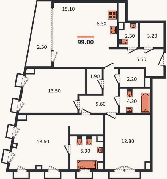 Планировка: 3-к, 99 м²