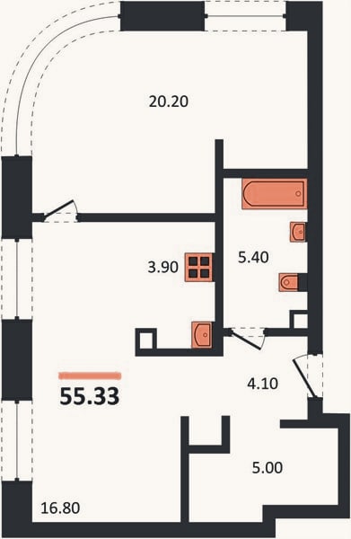 Планировка: 1-к, 55,3 м²