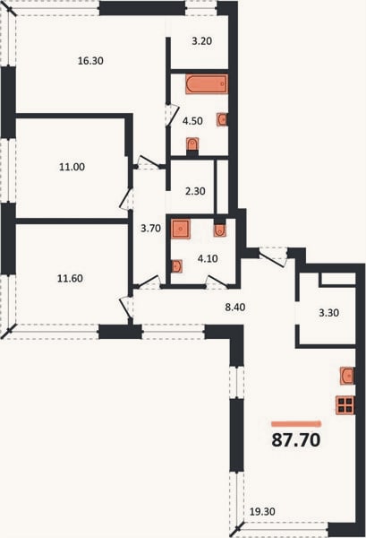 Планировка: 3-к, 87,7 м²