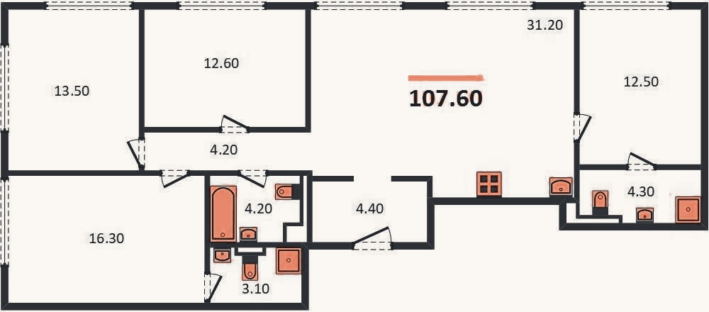 Планировка: 4+ к, 107,6 м²