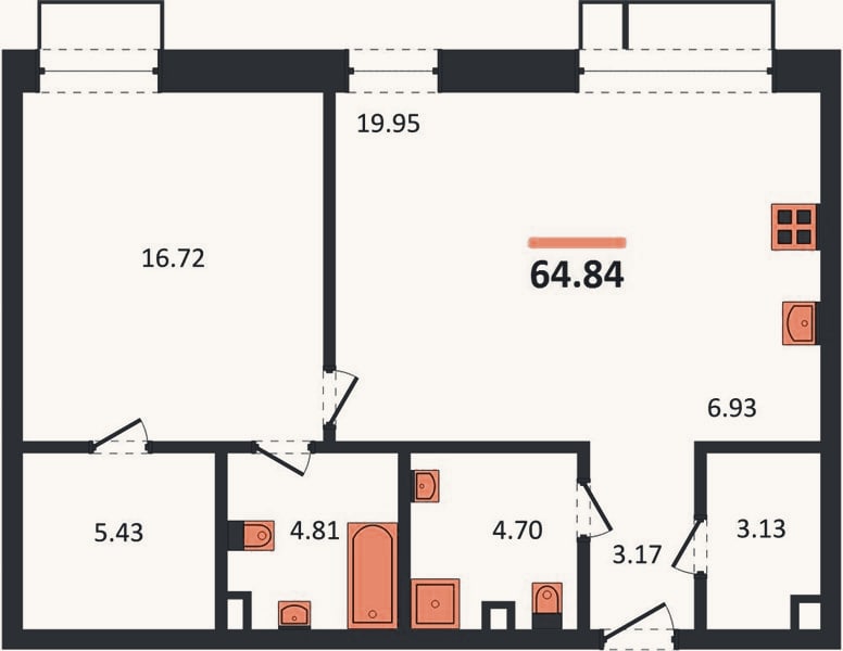 Планировка: 1-к, 64,8 м²