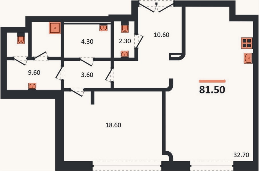 Планировка: 1-к, 80,5 м²