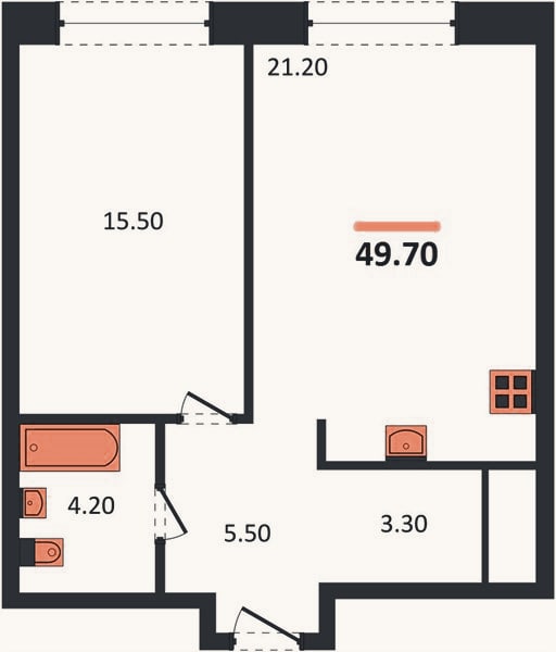 Планировка: 1-к, 49,7 м²