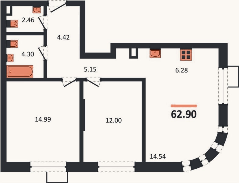 Планировка: 2-к, 62,9 м²