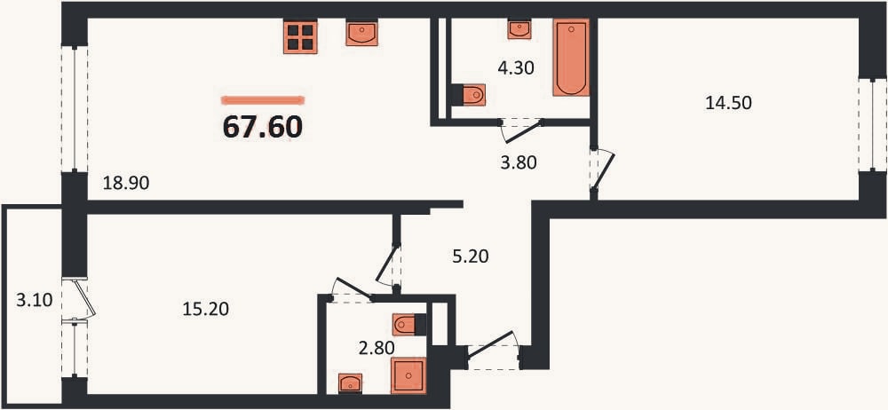 Планировка: 2-к, 67,6 м²