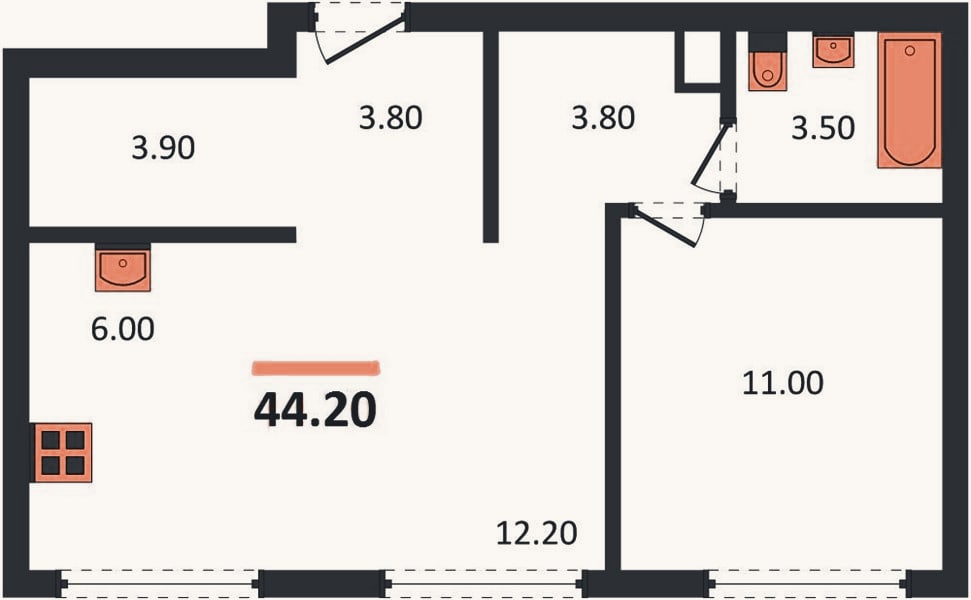 Планировка: 1-к, 44,2 м²