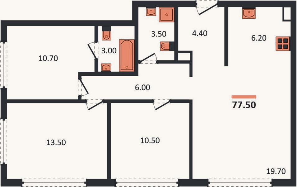 Планировка: 3-к, 77,5 м²