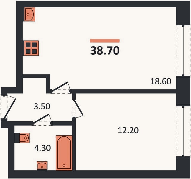Планировка: 1-к, 38,7 м²
