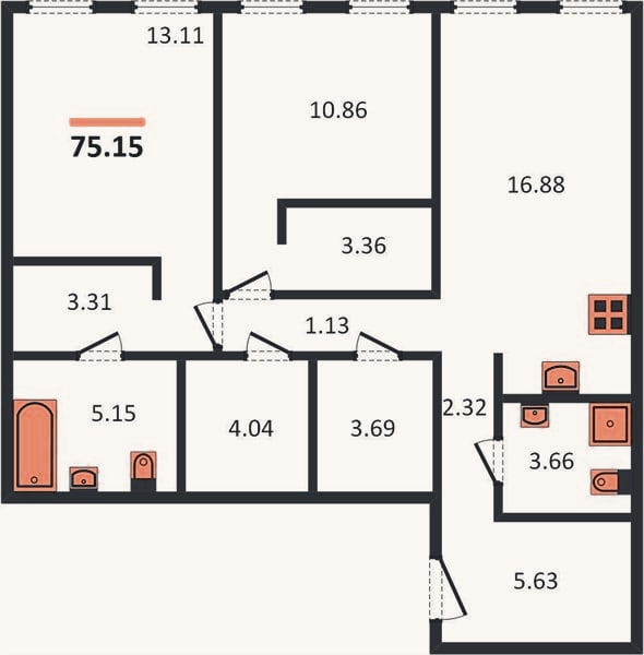 Планировка: 2-к, 75,2 м²