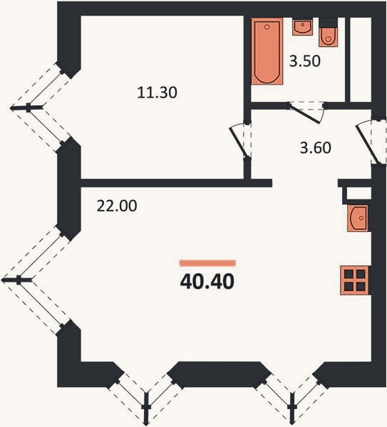 Планировка: 1-к, 40,4 м²